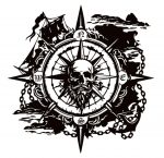 Pegatina Vinilo Troquelado Brújula Pirata con Calavera y Barco – Diseño Náutico Oscuro, Sin Fondo, Vinilo Metamark 4 Mate, Resistente UV Agua, para Moto Casco Auto Van