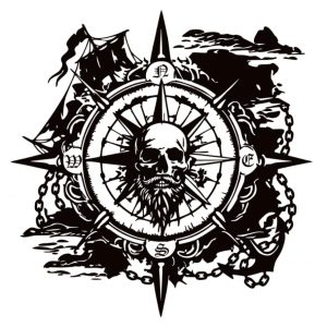 Pegatina Vinilo Troquelado Brújula Pirata con Calavera y Barco – Diseño Náutico Oscuro, Sin Fondo, Vinilo Metamark 4 Mate, Resistente UV Agua, para Moto Casco Auto Van