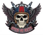 Pegatina Vinilo Troquelado Speed or Death – Calavera con Casco Alas y Bujías, Sin Fondo, Vinilo Metamark 4 Mate, Resistente UV Agua, para Moto Casco Auto