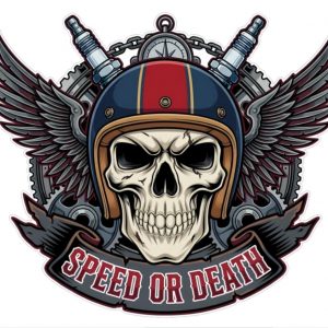 Pegatina Vinilo Troquelado Speed or Death – Calavera con Casco Alas y Bujías, Sin Fondo, Vinilo Metamark 4 Mate, Resistente UV Agua, para Moto Casco Auto