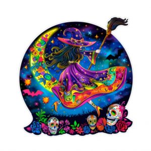 Pegatina de Bruja Mística Volando – Diseño Colorido con Luna Floral y Calaveras Estilo Día de Muertos – Impresa con Tinta Ecosolvente, Resistente al Agua y al Sol