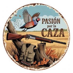 Pegatina Pasión por la Caza – Sticker Redondo de Vinilo – Adhesivo Decorativo para Cazadores con Perdiz, Escopeta y Chaleco – Tinta Ecosolvente a Todo Color – Resistente e Impermeable