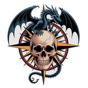 Pegatina Dragón y Calavera – Sticker Vinilo Troquelado a Color | Adhesivo Fantasía Gótica Rosa de los Vientos | Impermeable y Resistente Exterior | Decoración Casco, Moto, Portátil, Coche | 12x13,5 cm