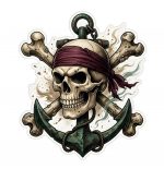 Pegatina Vinilo Calavera Pirata con Ancla y Huesos, Adhesivo Náutico para Barco Coche y Moto, Resistente al Sol y Agua, Impresión Ecosolvente, Sticker Estilo Tattoo