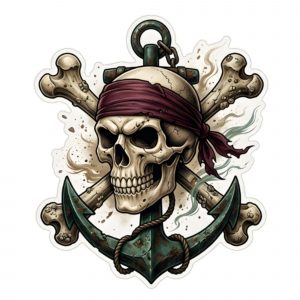Pegatina Vinilo Calavera Pirata con Ancla y Huesos, Adhesivo Náutico para Barco Coche y Moto, Resistente al Sol y Agua, Impresión Ecosolvente, Sticker Estilo Tattoo