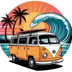 Pegatina Surf Furgoneta Camper – Sticker Vintage Playa y Olas | Adhesivo Sunset Tropical con Tabla | Vinilo Resistente Agua y Sol | Ideal para Coche, Furgoneta, Portátil