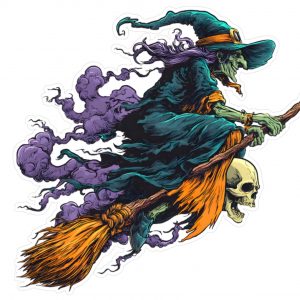 Pegatina bruja en escoba – vinilo personalizado a color resistente agua y exterior – adhesivo decorativo Halloween