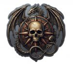 Pegatina Vinilo Calavera y Dragón con Brújula, Adhesivo para Coche, Moto, Casco y Portátil, Resistente al Agua y Rayos UV, Impresión Ecosolvente, Diseño Gótico y Épico