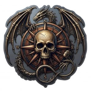 Pegatina Vinilo Calavera y Dragón con Brújula, Adhesivo para Coche, Moto, Casco y Portátil, Resistente al Agua y Rayos UV, Impresión Ecosolvente, Diseño Gótico y Épico