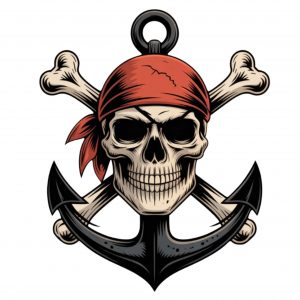 Pegatina Calavera Pirata – Sticker Cráneo con Ancla y Pañuelo Rojo | Vinilo Adhesivo Resistente Agua y Sol | Decoración para Coche, Moto, Portátil, Barco | Estilo Piratería Náutica