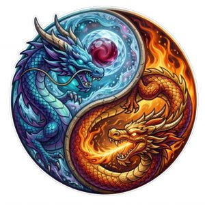 Pegatina Yin Yang Dragones Fuego y Hielo - Sticker Dragon Chino Fantasy Vinilo Premium Impermeable Die-Cut Coche Moto Portatil - Regalo Gamer Friki