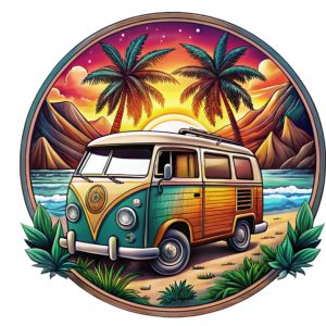 Pegatina Furgoneta Camper – Vinilo Imprimible a Color – Tintas Ecosolventes – Adhesivo Impermeable para Campervan, Portátil, Coche o Tabla – Estilo Van Life