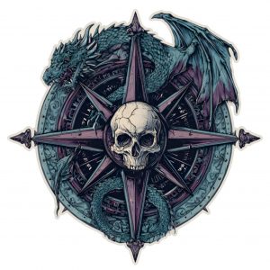 Pegatina vinilo personalizada – Calavera con dragón y rosa de los vientos – Adhesivo troquelado resistente para coche, moto, casco o portátil