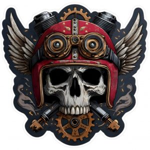 Pegatina moto vinilo – Calavera biker con casco retro y alas – Adhesivo decorativo coche, casco o portátil – Sticker motero resistente agua