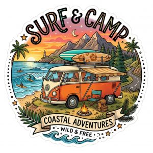 Pegatina Surf Camper Furgoneta VW Vintage Coastal Adventures Wild Free - Sticker Van Life Vinilo Premium Impermeable Die-Cut Coche Portatil - Regalo Surfero