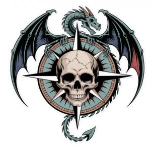 Pegatina Dragón y Calavera – Sticker Vinilo Gótico Troquelado | Adhesivo Rosa de los Vientos Fantasía Oscura | Impermeable y Resistente al Exterior | Decoración Casco, Moto, Coche, Portátil | 12x12 cm