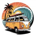 Pegatina Surf Furgoneta Camper – Sticker Vintage Playa y Olas | Adhesivo Sunset Tropical con Tabla | Vinilo Resistente Agua y Sol | Ideal para Coche, Furgoneta, Portátil | 12x12 cm