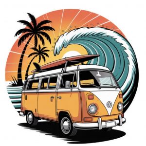 Pegatina Surf Furgoneta Camper – Sticker Vintage Playa y Olas | Adhesivo Sunset Tropical con Tabla | Vinilo Resistente Agua y Sol | Ideal para Coche, Furgoneta, Portátil | 12x12 cm