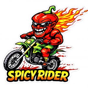 Pegatina Vinilo Spicy Rider Chiles en Moto con Llamas para Moto Coche Casco Laptop Resistente Agua UV Diseño Divertido Tintas Ecosolventes