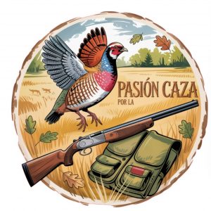 Pegatina Pasión por la Caza – Sticker Redondo de Vinilo 12x12 cm – Adhesivo Decorativo para Cazadores con Perdiz, Escopeta y Chaleco – Tinta Ecosolvente a Todo Color – Resistente e Impermeable