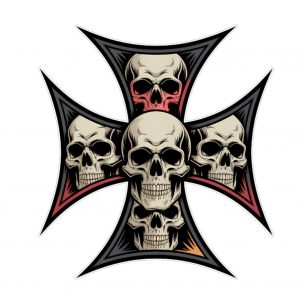 Pegatina Calaveras Cruz Estilo Hierro – Vinilo Adhesivo Exterior Impermeable para Coche Moto Casco Portátil – Sticker Skull Biker Rock Metal Gótico Resistente Agua Sol