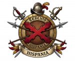 Pegatina Tercios Hispania Cruz Borgoña | Escudo Espadas Casco Histórico España | Sticker Vinilo Premium Troquelado | Impresión Ecosolvente Resistent