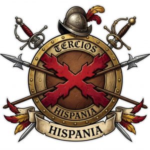 Pegatina Tercios Hispania Cruz Borgoña | Escudo Espadas Casco Histórico España | Sticker Vinilo Premium Troquelado | Impresión Ecosolvente Resistent