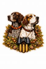 Pegatina Perros de Caza con Cartuchos y Prismáticos – Vinilo Adhesivo Exterior Impermeable para Coche 4x4 Todoterreno Furgoneta – Sticker Cazador Braco Setter Regalo Hunter