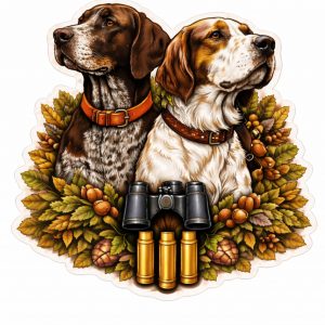 Pegatina Perros de Caza con Cartuchos y Prismáticos – Vinilo Adhesivo Exterior Impermeable para Coche 4x4 Todoterreno Furgoneta – Sticker Cazador Braco Setter Regalo Hunter