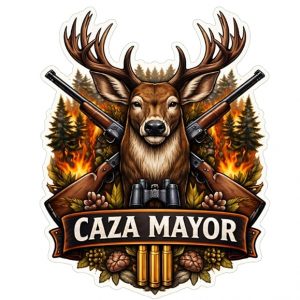 Pegatina Caza Mayor Ciervo con Rifles y Fuego – Vinilo Adhesivo Exterior Impermeable para Coche 4x4 Todoterreno Moto Caravana – Sticker Cazador Resistente Agua Sol – Decoración Hunter